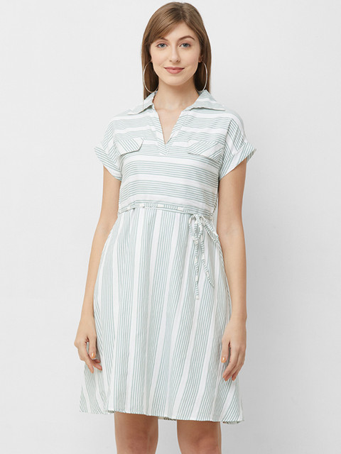 

109F Women Green & Off-White Striped Shirt Dress