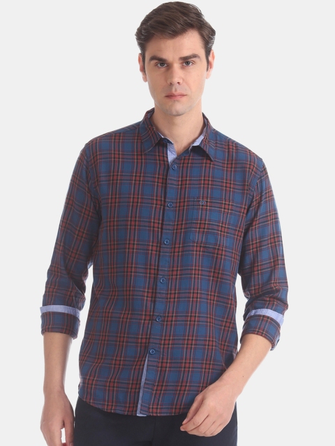 Ruggers Men Blue & Red Slim Fit Checked Casual Shirt