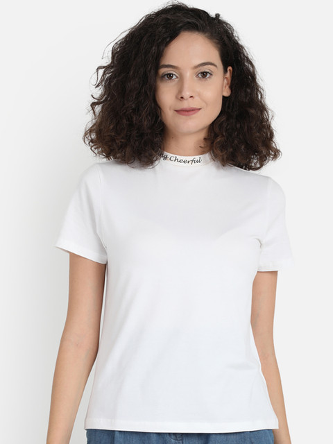 

COVER STORY Women White Solid High Neck T-shirt
