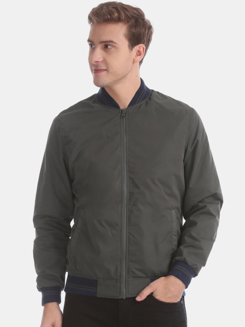 

Ruggers Men Olive Green Solid Bomber Jacket