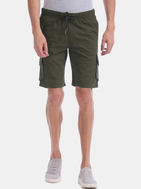 

Colt Men Olive Green Solid Slim Fit Cargo Shorts