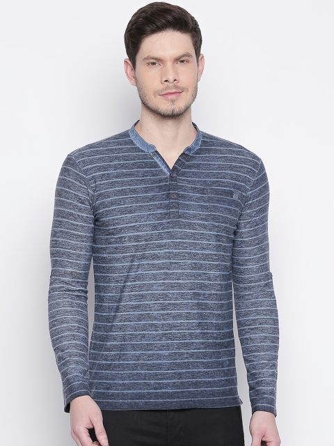 

Mufti Men Blue & Grey Striped Henley Neck T-shirt