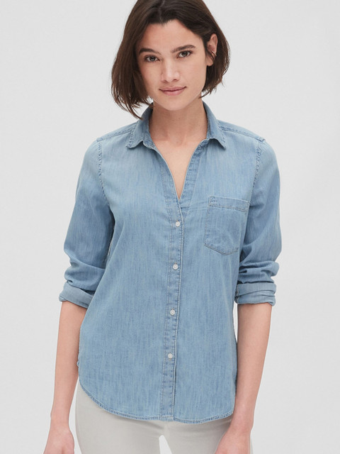 

GAP Women Blue & Navy Blue Solid Regular Fit Casual Denim Shirt
