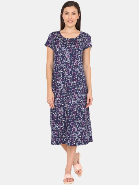 

Zivame Navy Blue & Yellow Printed Nightdress