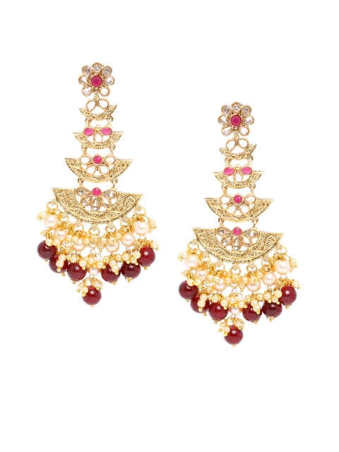 

SALWAR STUDIO Gold-Plated & Maroon Kundan Floral Drop Earrings