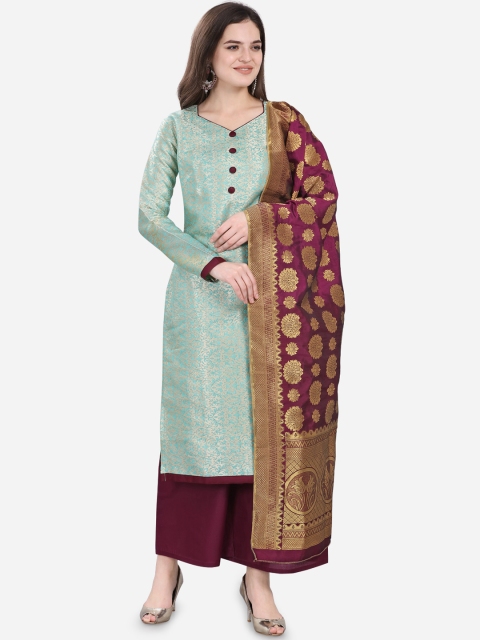 

mf Sea Green & Maroon Poly Silk Unstitched Dress Material