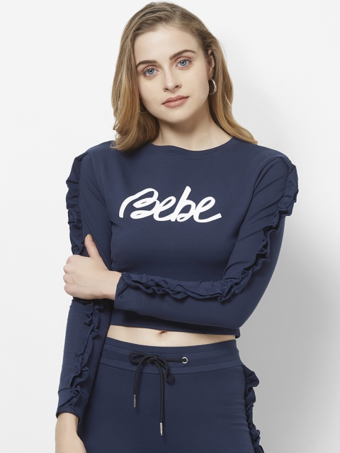 

bebe Women Navy Blue & White Printed Crop Pullover Sweatshirt