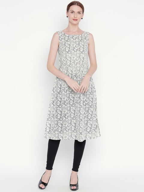 

RANGMANCH BY PANTALOONS Women Navy Blue & Off-White Printed Straight Kurta with a Shrug