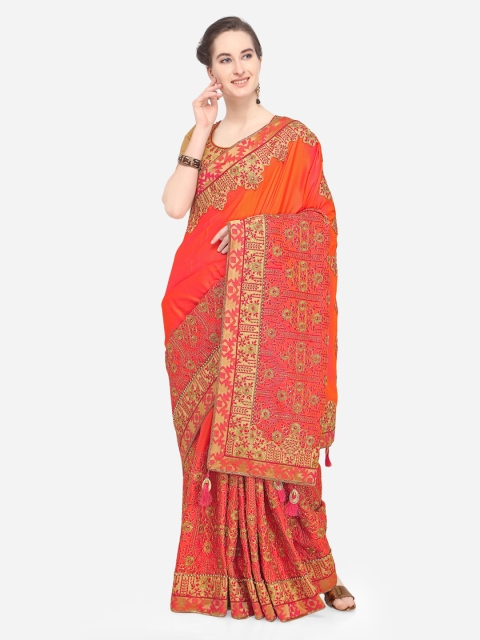 

Mitera Orange & Gold-Toned Poly Chiffon Embroidered Saree