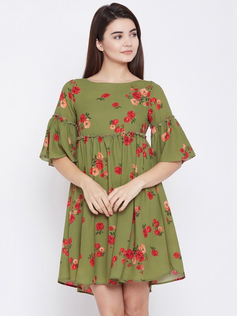 

PANIT Women Olive Green Floral Print Fit and Flare Dress