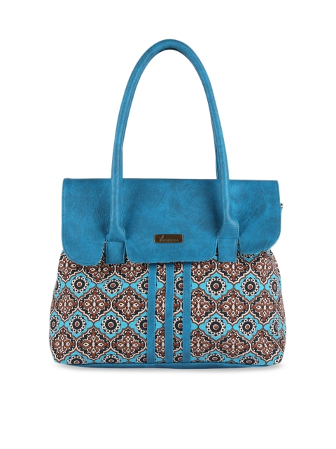 

Vivinkaa Turquoise Blue & Brown Printed Handheld Bag