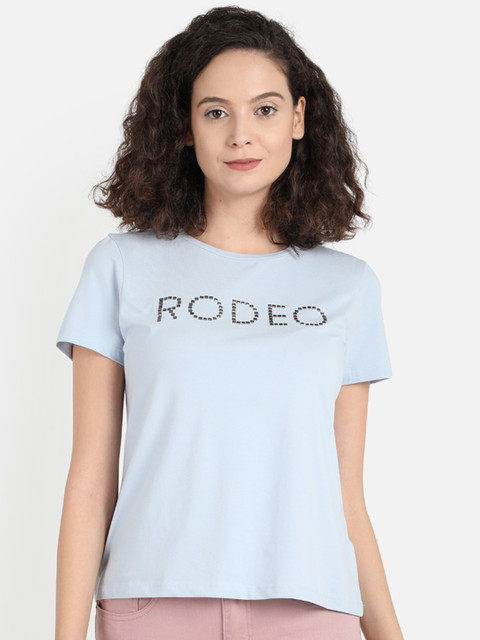 

COVER STORY Women Blue Printed Round Neck T-shirt
