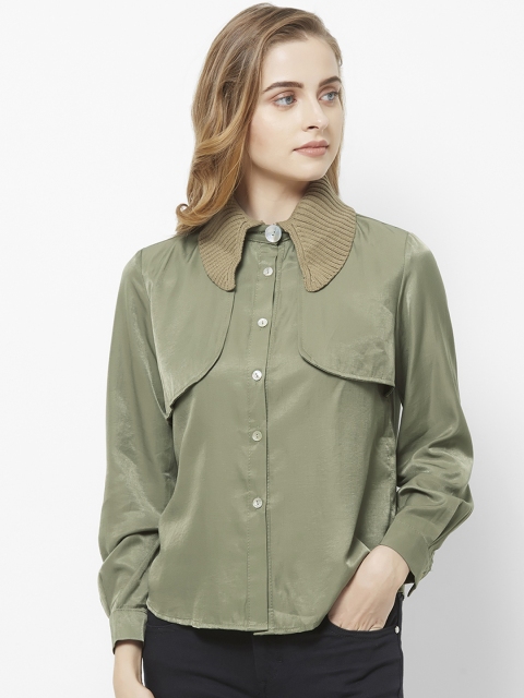

bebe Women Olive Green Regular Fit Solid Formal Shirt