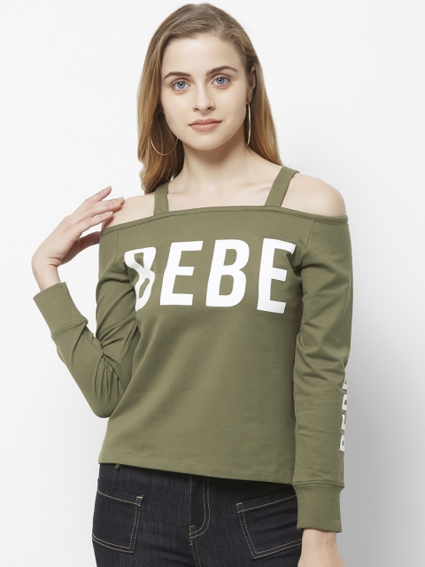 

bebe Women Olive Green & White Printed Pullover Sweatshirt
