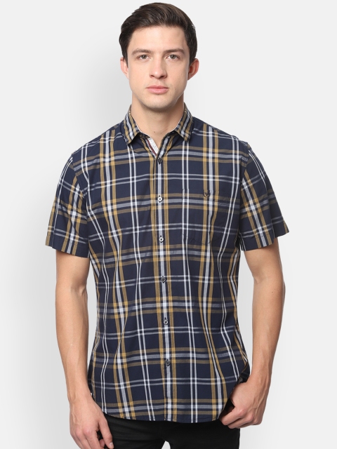 

Van Heusen Sport Men Navy Blue & Yellow Slim Fit Checked Casual Shirt