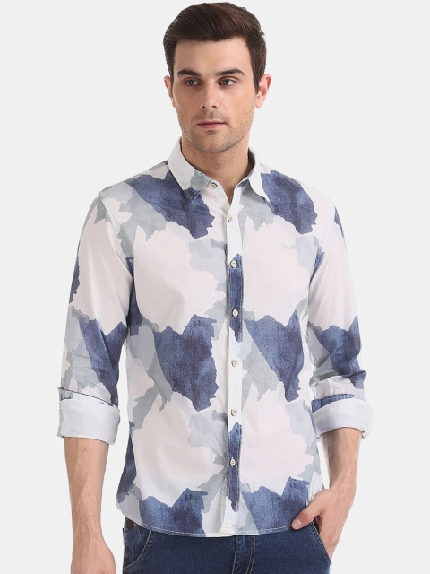 

Cherokee Men White & Navy Blue Regular Fit Printed Casual Shirt