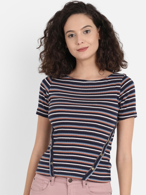

COVER STORY Women Navy Blue Striped Round Neck T-shirt