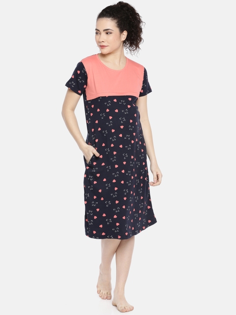 

GOLDSTROMS Navy Blue & Peach-Coloured Printed Maternity Nightdress MTF-6349