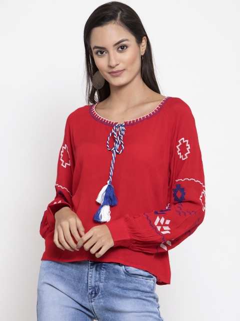 

Molly & Michel Women Red Floral Embroidered A-Line Top