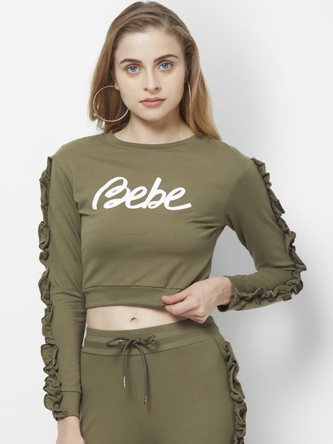 

bebe Women Olive Green Cropped Printed Sweatshirt