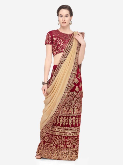 

Mitera Maroon & Gold-Toned Poly Chiffon Embroidered Saree