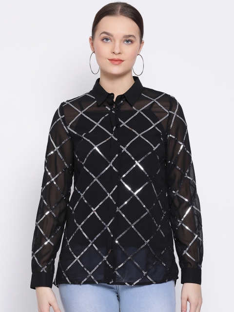 

Oxolloxo Women Black Regular Fit Sequined Casual Shirt
