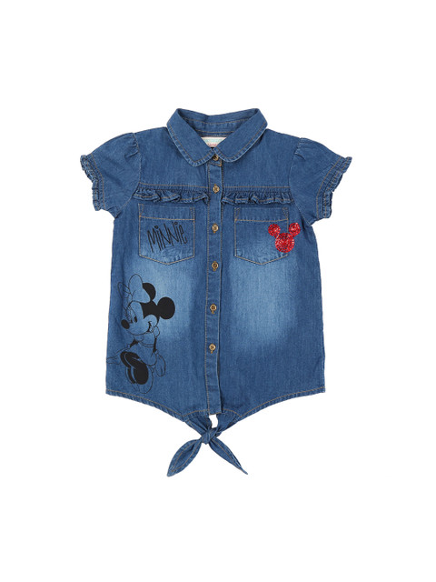 

Pantaloons Junior Girls Blue Printed Shirt Style Pure Cotton Top