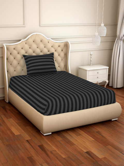 

SPACES Black Striped 210 TC Cotton 1 Single Bedsheet with 1 Pillow Covers
