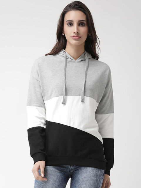 

Club York Women Grey & White Colourblocked Hooded Pullover Sweatshirt