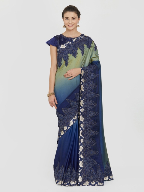 

Mitera Navy Blue & Green Poly Silk Embroidered Saree