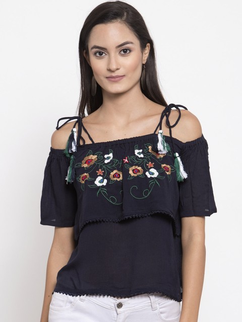 

Molly & Michel Women Navy Blue Embroidered A-Line Top