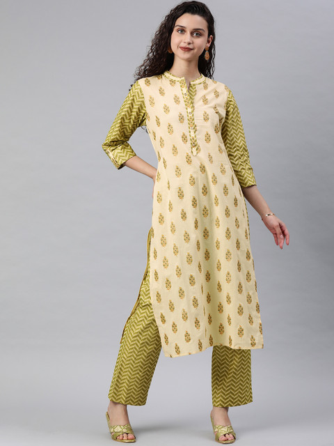 

Juniper Women Green & Beige Printed Straight Kurta