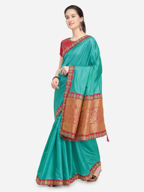 

Mitera Turquoise Blue Solid Poly Chiffon Saree