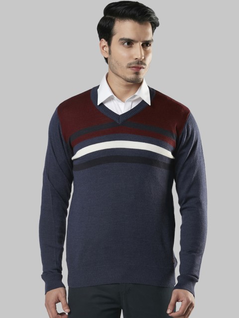 

Raymond Men Navy Blue Maroon Colourblocked Pullover Sweater