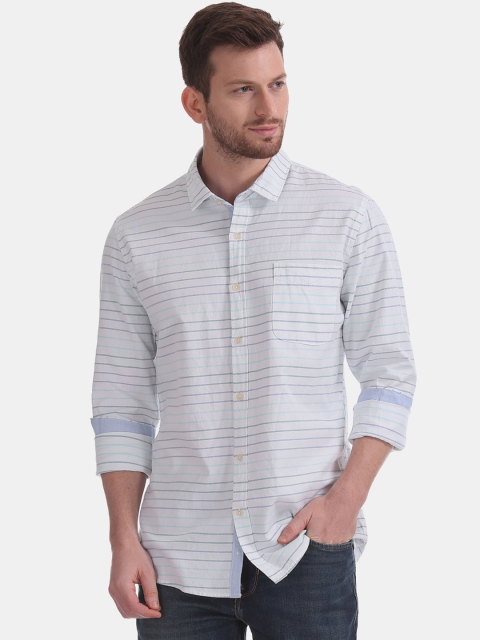 

Cherokee Men White & Blue Regular Fit Striped Casual Shirt