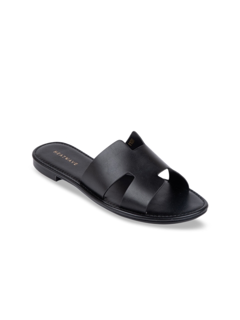

HEATWAVE Women Black Solid Leather Open Toe Flats
