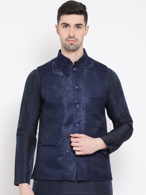 

NAMASKAR Men Navy Blue Woven Design Pure Silk Nehru Jacket