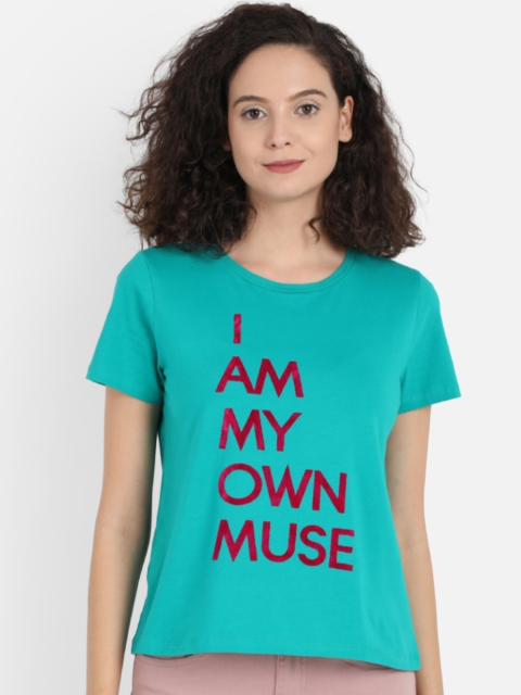

COVER STORY Women Green Printed Round Neck T-shirt