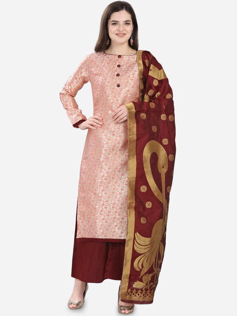 

mf Peach-Coloured & Maroon Poly Silk Unstitched Dress Material