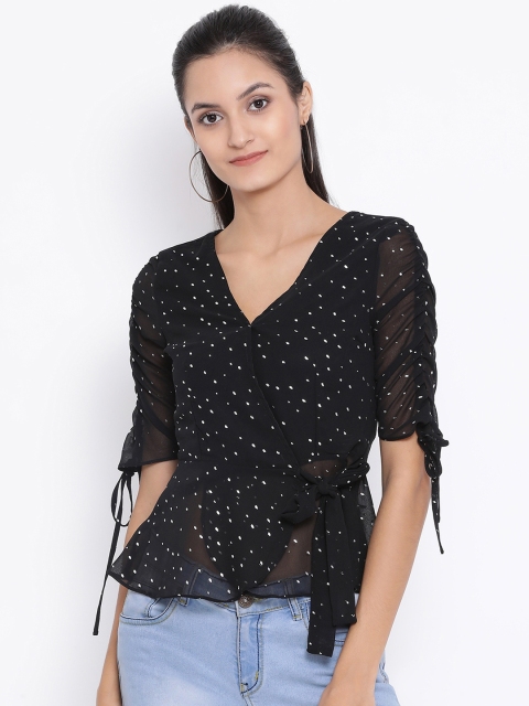 Oxolloxo Women Black Polka Dot Print Wrap Top