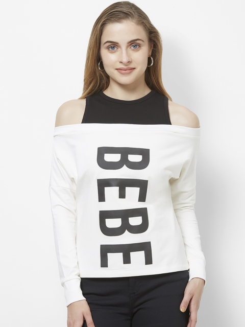 

bebe Women Off-White & Black Printed Pullover Sweatshirt