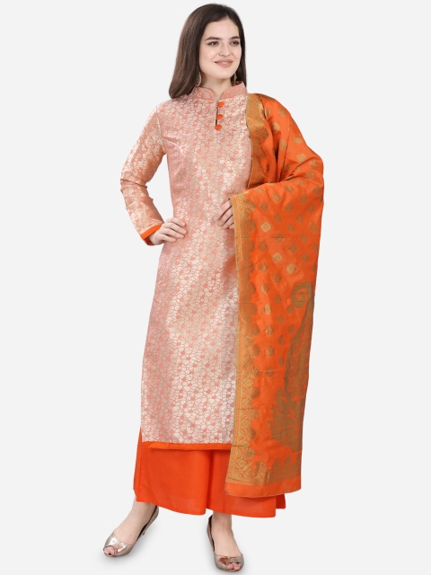 

mf Peach-Coloured & Orange Poly Silk Unstitched Dress Material