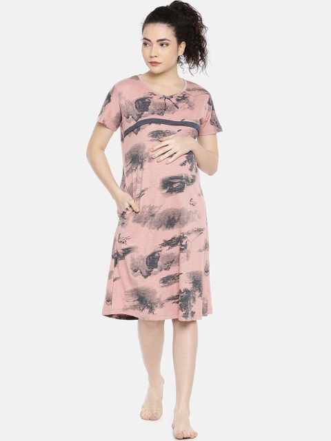 

GOLDSTROMS Peach-Coloured & Grey Printed Maternity Nightdress MTF-6347-B