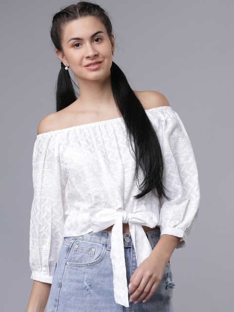 

Tokyo Talkies Women White Self Design Bardot Top