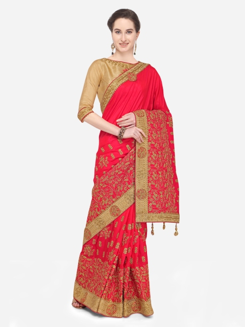

Mitera Red & Gold-Toned Poly Chiffon Embellished Saree