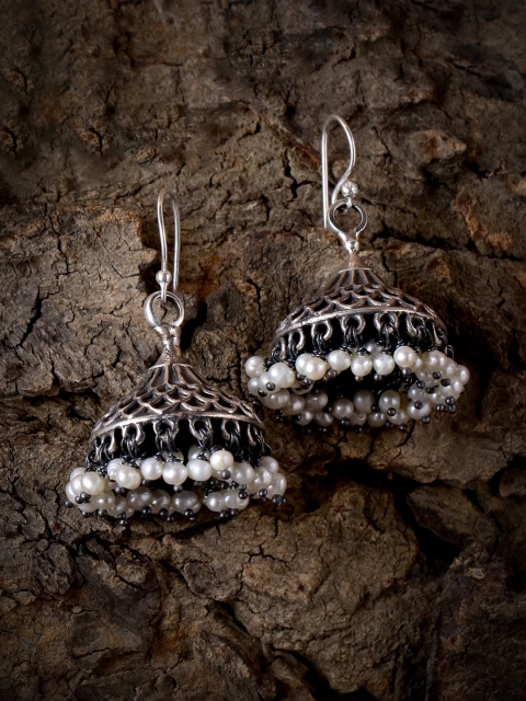 

ADORN by Nikita Ladiwala Silver-Toned Handcrafted Dome Shaped Jhumkas