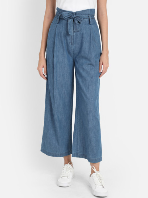 

COVER STORY Women Blue Regular Fit Self Design Parallel Trousers