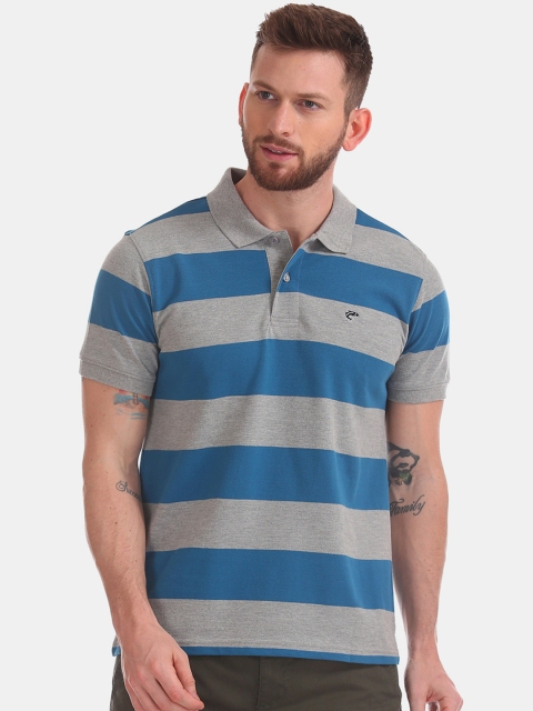 

Ruggers Men Grey & Blue Striped Polo Collar Slim Fit T-shirt