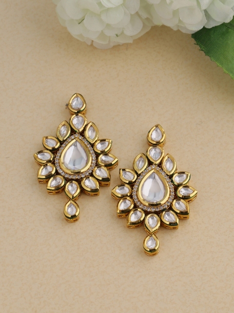 

Tistabene Gold-Plated & White Kundan Meena Teardrop Shaped Drop Earrings