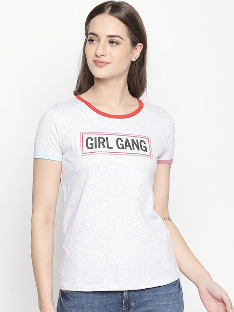 

Honey by Pantaloons Women Grey Printed Round Neck Pure Cotton T-shirt